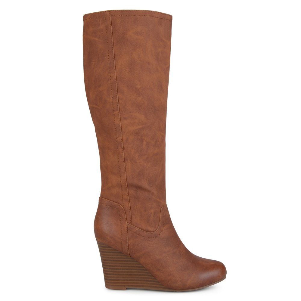 Brinley Co Womens Faux Leather Mid Calf Wedge Boots Brown 8